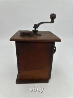Antique Waddell Wood Coffee Grinder Mill Wood & Cast Iron with Label & Drawer