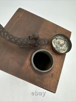 Antique Waddell Wood Coffee Grinder Mill Wood & Cast Iron with Label & Drawer