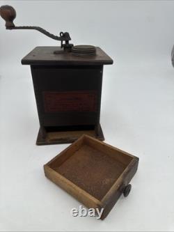 Antique Waddell Wood Coffee Grinder Mill Wood & Cast Iron with Label & Drawer