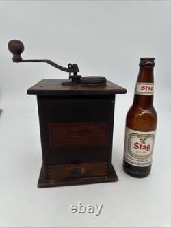 Antique Waddell Wood Coffee Grinder Mill Wood & Cast Iron with Label & Drawer