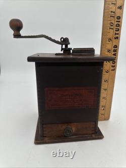 Antique Waddell Wood Coffee Grinder Mill Wood & Cast Iron with Label & Drawer