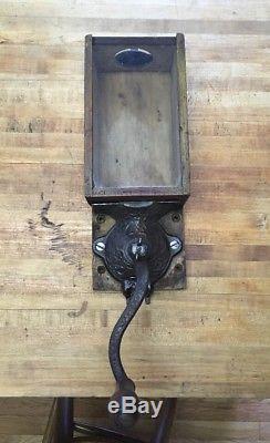 Antique Wall Mount Coffee Grinder with Wooden Box and Cast Iron Base
