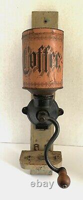 Antique Wall-Mount IRON & TIN COFFEE MILL/Grinder-THE FANNER MFG CO-No Lid