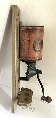 Antique Wall-Mount IRON & TIN COFFEE MILL/Grinder-THE FANNER MFG CO-No Lid
