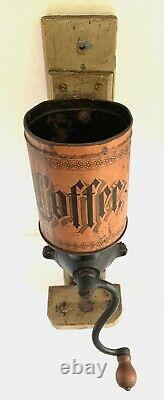 Antique Wall-Mount IRON & TIN COFFEE MILL/Grinder-THE FANNER MFG CO-No Lid