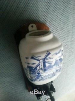 Antique Wall Mounted Coffee Bean Grinder Wood Base Blue White Dutch Windmill