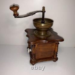 Antique Wood Brass Manual Coffee Grinder Cast Iron Handle Nice 6x6x10