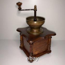 Antique Wood Brass Manual Coffee Grinder Cast Iron Handle Nice 6x6x10