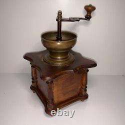 Antique Wood Brass Manual Coffee Grinder Cast Iron Handle Nice 6x6x10
