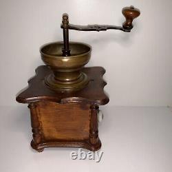Antique Wood Brass Manual Coffee Grinder Cast Iron Handle Nice 6x6x10