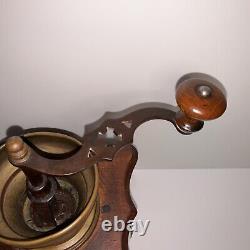 Antique Wood Brass Manual Coffee Grinder Cast Iron Handle Nice 6x6x10