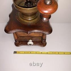 Antique Wood Brass Manual Coffee Grinder Cast Iron Handle Nice 6x6x10