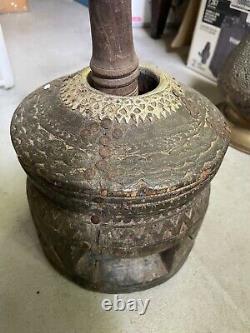 Antique Wood Coffee Grinder Mahbash Inlaid Brass Handmade Bedouin Arabic Ethnic