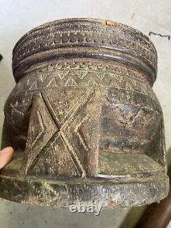 Antique Wood Coffee Grinder Mahbash Inlaid Brass Handmade Bedouin Arabic Ethnic