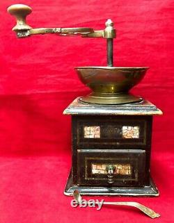 Antique Wood Coffee Grinder Pepper Mill Brass Hand Crank Inlaid Mother of Pearl