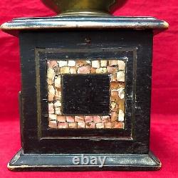 Antique Wood Coffee Grinder Pepper Mill Brass Hand Crank Inlaid Mother of Pearl