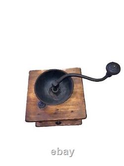 Antique Wood Hand Crank COFFEE MILL GRINDER Farmhouse Primitive Dovetail Cast