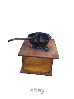 Antique Wood Hand Crank COFFEE MILL GRINDER Farmhouse Primitive Dovetail Cast