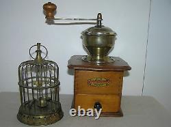 Antique Wooden Coffee Grinder MILL And Vintage Miniature Bird Cage