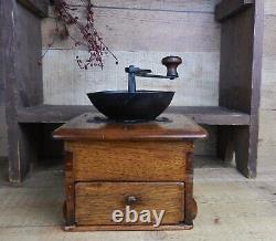 Antique Wooden Coffee Grinder Mill Dovetailed With Iron Top