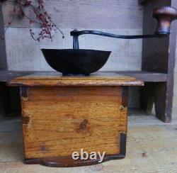 Antique Wooden Coffee Grinder Mill Dovetailed With Iron Top