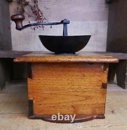 Antique Wooden Coffee Grinder Mill Dovetailed With Iron Top