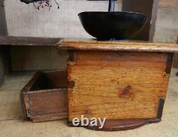 Antique Wooden Coffee Grinder Mill Dovetailed With Iron Top