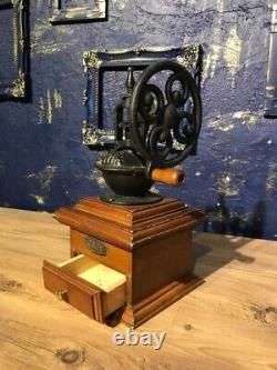 Antique Wooden Coffee Mill Grinder European Iron Casting Robust COLECTABLES