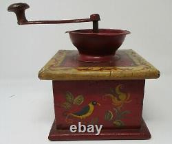 Antique ca. 1880 Primitive Coffee Grinder Tole Painted PA Dutch Birds, Flowers