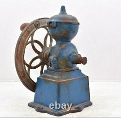 Antique cast iron Single Wheel coffee grinder vintage BLUE BEAUTIFUL