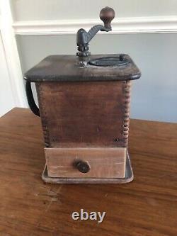 Antique coffee mill grinder wood cast iron country primitive 19th c