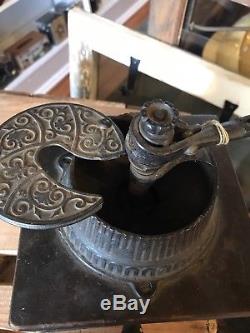 Antique original Cast Iron working Coffee Grinder wood ornate