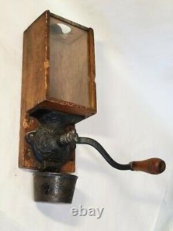 Antique vtg Arcade X-Ray COFFEE GRINDER Mill Wood Iron Glass Face Catch Cup Lid