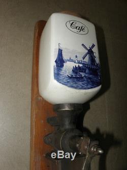 Antique wall Coffee Grinder with Delft Windmill jar FOLKLORE country old vintage