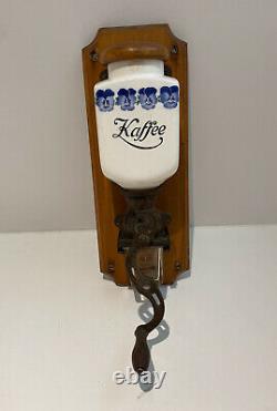 Blue Delft Porcelain Coffee Grinder Wood Metal Glass Wall Mount Floral Works