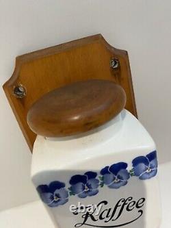 Blue Delft Porcelain Coffee Grinder Wood Metal Glass Wall Mount Floral Works