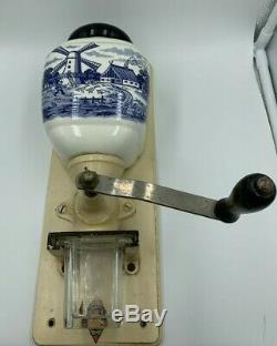 Blue White Delft Ware Pottery wall mounted Coffee Grinder Dutch Vintage Antique
