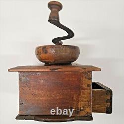 C. Early 1800's Wood Coffee Grinder with Iron Turn Handle Signed, Work's