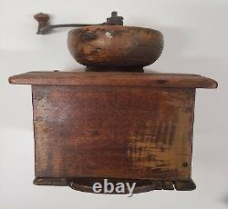 C. Early 1800's Wood Coffee Grinder with Iron Turn Handle Signed, Work's