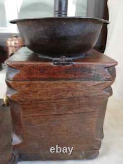 C19th Ottoman Turkish huge wooden coffee grinder metal bowl crank handle decor