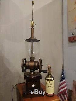 Coffee Grinder Lamp Large Rustic Vintage Americana Antique Brass Pine Glass