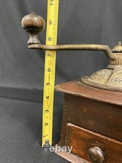 Coffee Grinder Manual Hand Crank Wood & Brass Cast Iron Primitive Antique