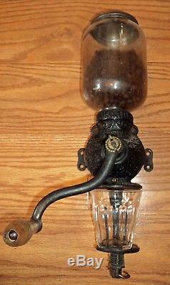Crystal Arcade cast iron glass vintage antique Wall Mount Coffee Grinder works