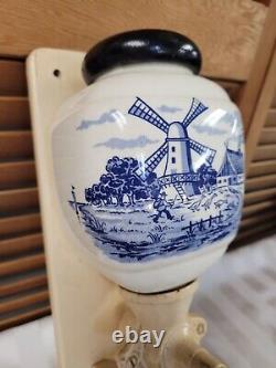 Delft Blue Windmill West Germany Ceramic Coffee Grinder Wall Mount