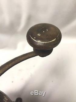 Early Primitive Cast Iron Lap-Type Coffee Mill Grinder with Brass Hopper