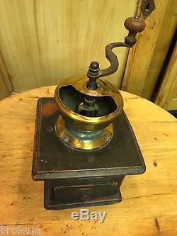 Early Primitive Wood Lap-Type Coffee Mill Grinder with Brass Hopper