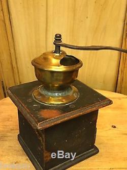 Early Primitive Wood Lap-Type Coffee Mill Grinder with Brass Hopper