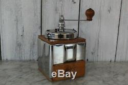 French Vintage Peugeot Freres Chrome Wood Coffee Grinder Kitchen Working Order