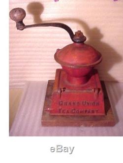 Grand Union Tea Company 1800s Cast Iron Coffee Mill Grinder w Old Red Paint