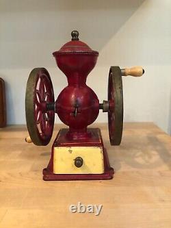 Hand Crank Double Wheel Manual Red Cast Iron Coffee Bean Grinder Mill Antique W